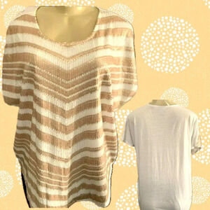 Worthington XL Carmel Striped Sequin Scoop Neckline Curved Hem Short Sleeve Top